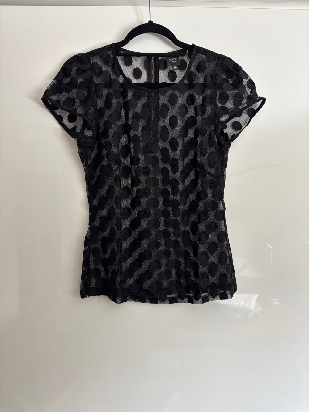 Saks Fifth Avenue Black Label Black Sheer Polka Dot Short Sleeve Top